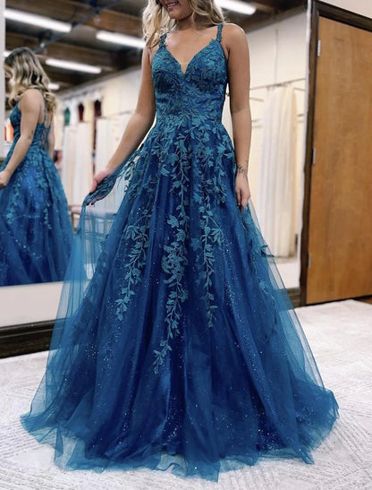 December Wedding Guest Dress A-Line Shine Dress Formal Wedding Party Floor Length Sleeveless V Neck Tulle Backless with Glitter Appliques Prom Dresses