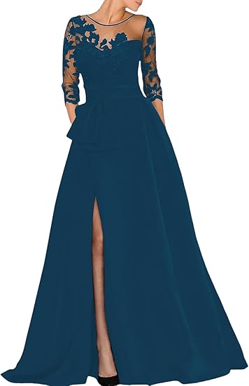 A-Line Jewel Neck Half Sleeve Evening Dress Beading Slit Appliques Elegant Fall Wedding Guest Dress