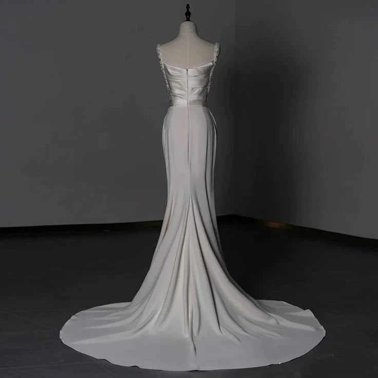 New Pattern Wedding Dress Sheath Long Satin Beadwork Ruched Fashion Elegant Formal Dresses