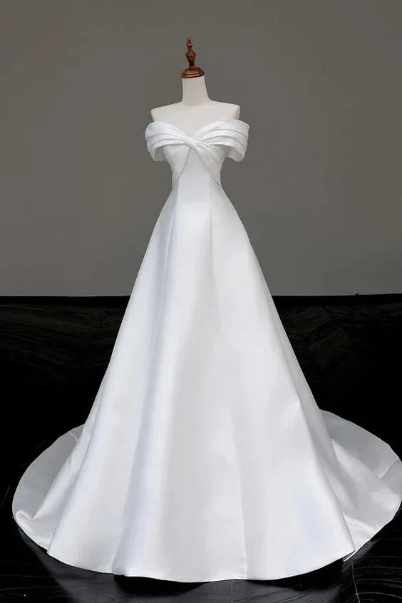 New Pattern Wedding Dress A Line Satin Off The Shoulder Long Elegant Formal Dresses