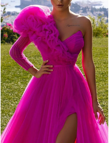 Prom Dresses Elegant Dress Long Sleeve One Shoulder Tulle with Ruffles Slit December Wedding Guest Dress