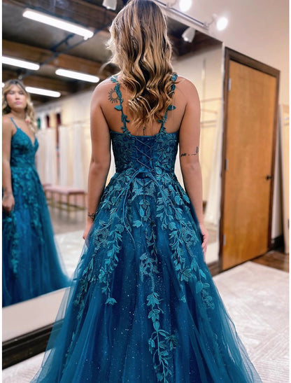 December Wedding Guest Dress A-Line Shine Dress Formal Wedding Party Floor Length Sleeveless V Neck Tulle Backless with Glitter Appliques Prom Dresses