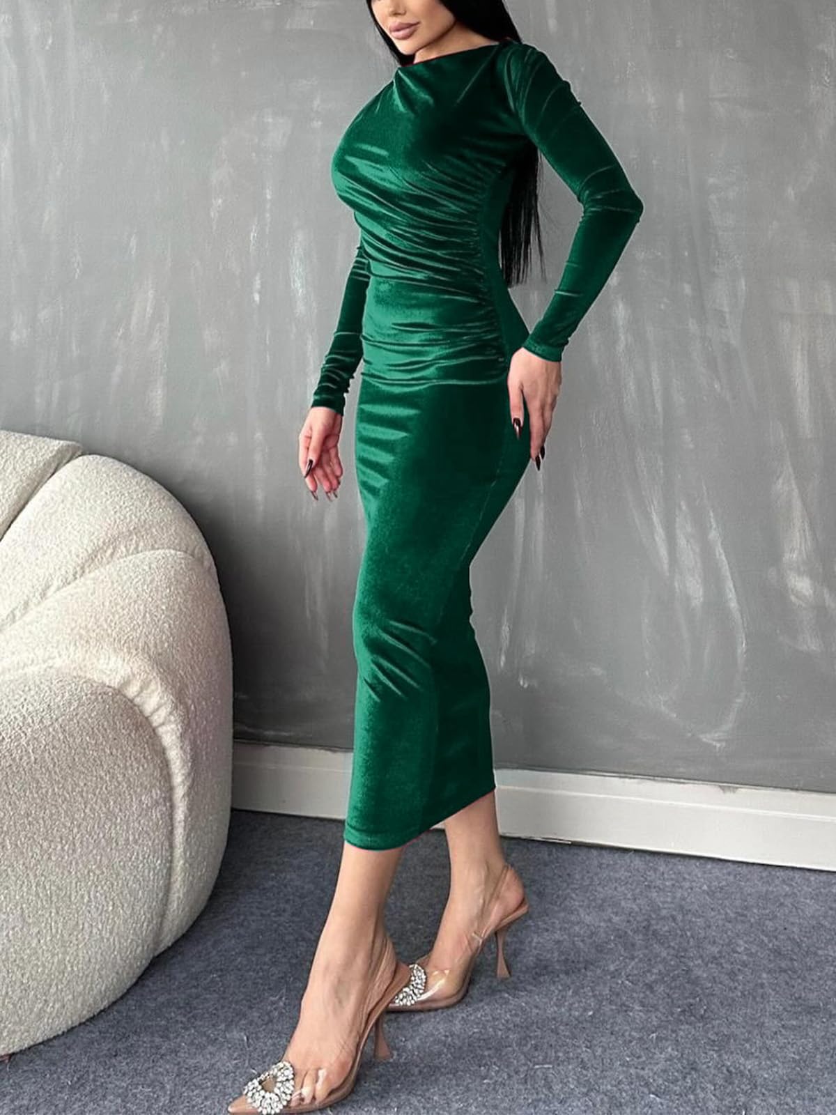 Wedding Guest Dresses Women's Velvet Bodycon Long Sleeve Ruched Slim Fit Dresses Formal Dresses Evening Dresses