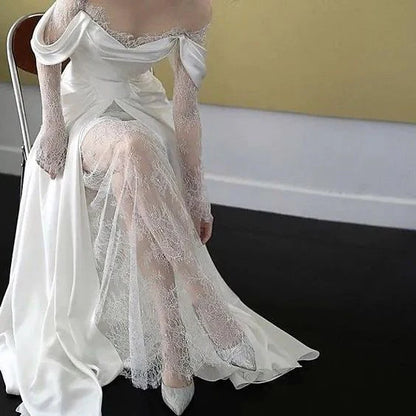 New Pattern Wedding Dress A Line Lace Long Sleeves Satin Long Formal Dresses