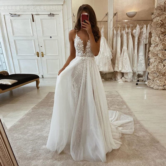 New Pattern Wedding Dress Boho Slit Lace Appliques Long Sleeve Mermaid Bridal Dresses Formal Women's Dresses