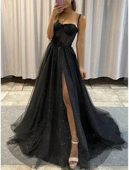 December Wedding Guest Dress A-Line Corsets Dress Wedding Floor Length Sleeveless Scoop Neck Tulle with Slit Prom Dresses