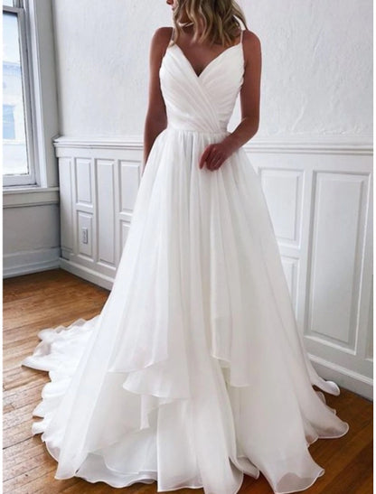 Fall November December Casual Wedding Dresses Spaghetti Strap Sheath / Column Camisole Sleeveless Court Train Chiffon With Pleats Elegant Bridal Gowns