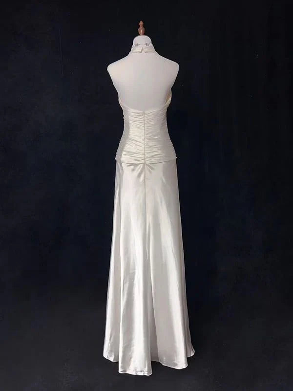 New Pattern Wedding Dress A Line V Neck Halter Satin Ruched Long Fashion Personality Formal Dresses