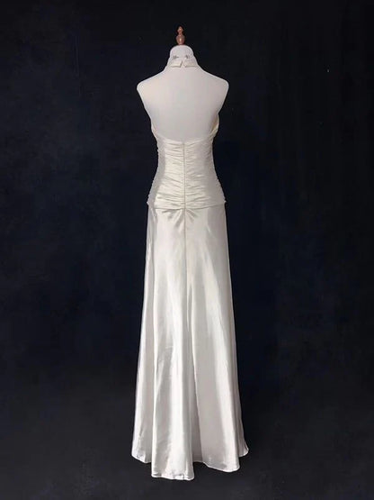 New Pattern Wedding Dress A Line V Neck Halter Satin Ruched Long Fashion Personality Formal Dresses