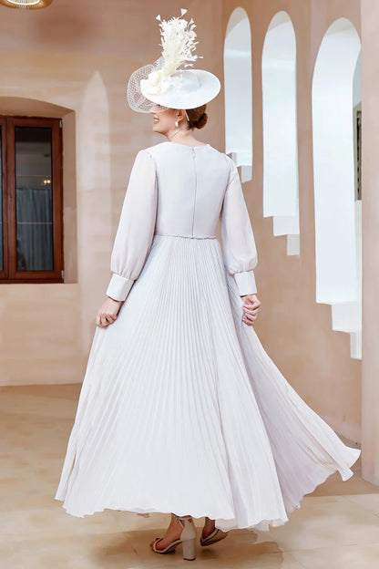 Fall November December Wedding Guest Dress Mother of the Groom / Bride Dresses  V-Neck Long Sleeves Pleated Long Dress