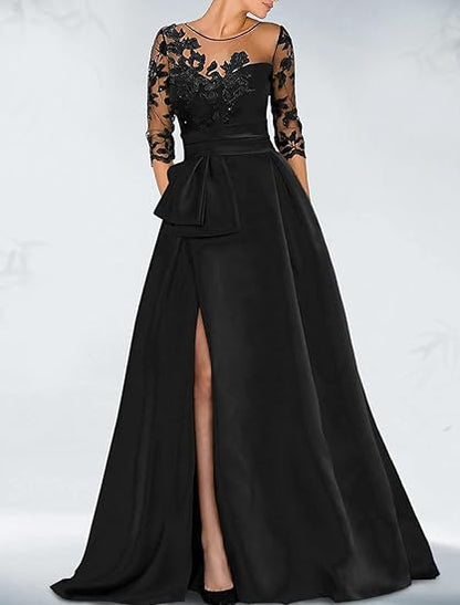 A-Line Jewel Neck Half Sleeve Evening Dress Beading Slit Appliques Elegant Fall Wedding Guest Dress