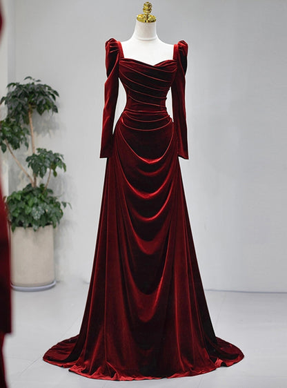 Autumn Winter Wedding Guests Dress Velvet Long Sleeve Pleats Square Neck Gorgeous Evening Dress