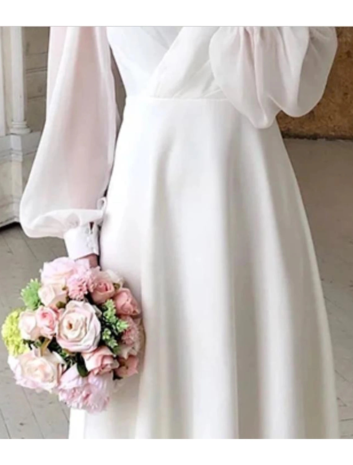 Fall November December Wedding Dresses Simple A-Line V Neck Long Sleeve Ankle Length Chiffon Bridal Gowns With Solid Color Little White Dresses