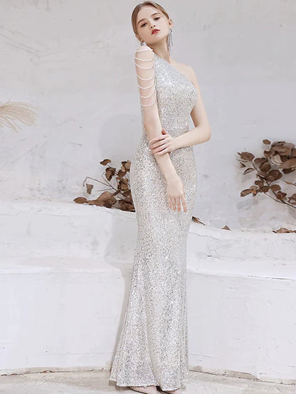 Mermaid / Trumpet Evening Gown Sparkle Dress Wedding Guest Floor Length Sleeveless One Shoulder Sequined with Beading Sequin