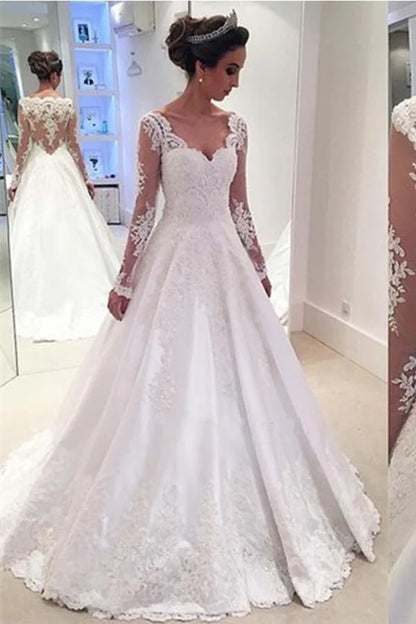 Charming V Neck Appliques A Line Wedding Dress With Long Sleeves