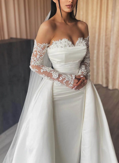 Sheath/Column Off-the-Shoulder Floor-length Lace Wedding Dress With Attached Train