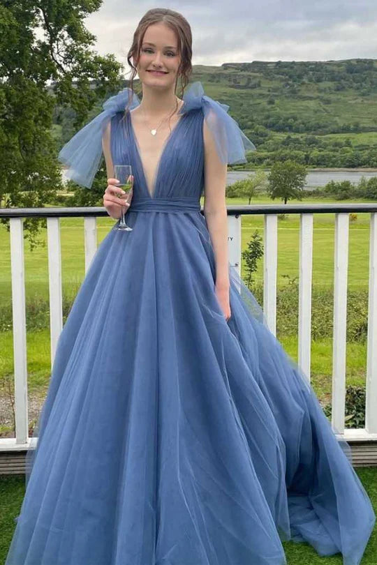 Plunge V Bow-Strap A-Line Long Prom Gown