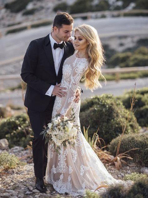 Mermaid Long Sleeve Lace Boho Wedding Dresses Rustic Bridal Gown