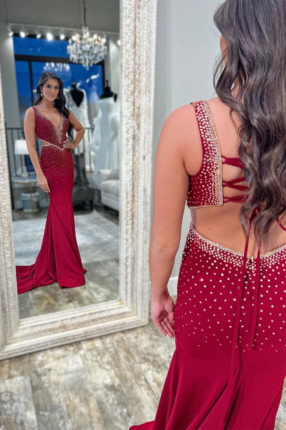 Beaded V-Neck Cutout Trumpet Long Prom Dress