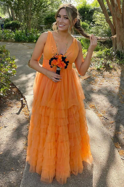 Multi-Tiered  Plunge Neck A-Line Long Prom Dress