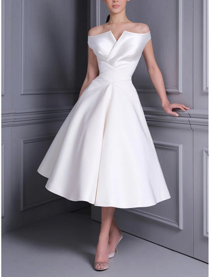 Fall November December Wedding Dresses A-Line Off Shoulder Cap Sleeve Tea Length Satin Bridal Gowns Pleats Solid Color Little White Fashion Elegant Dresses