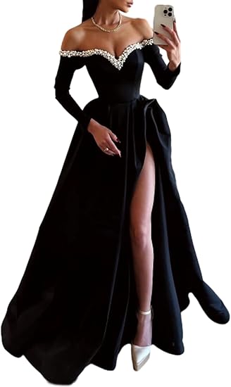 A-Line Sexy Sweep/Brush Train Long Sleeve Off Shoulder Satin with Pearls Slit Formal Evening Dress Fall November Wedding Guest Dress