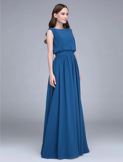 Sheath / Column Bridesmaid Dress Jewel Neck Sleeveless Floor Length Chiffon with Sash / Ribbon