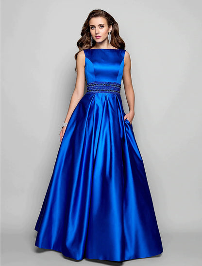 A-Line Elegant Dress Wedding Guest Floor Length Sleeveless Boat Neck Pocket Satin with Pleats Beading