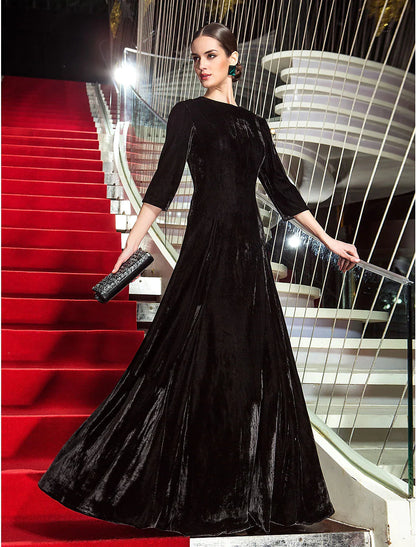 A-Line Celebrity Style Dress Wedding Guest Floor Length 3/4 Length Sleeve Jewel Neck Velvet with Pleats