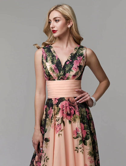 A-Line Floral Dress Holiday Floor Length Sleeveless V Neck Chiffon with Pattern / Print