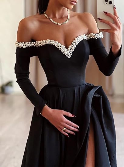 A-Line Sexy Sweep/Brush Train Long Sleeve Off Shoulder Satin with Pearls Slit Formal Evening Dress Fall November Wedding Guest Dress