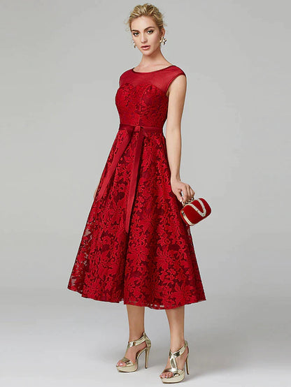 A-Line Elegant Dress Cocktail Party Tea Length Sleeveless Illusion Neck All Over Floral Lace with Pleats