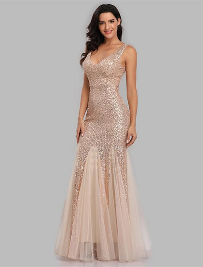 Sheath Mermaid Sleek Glitter Sparking Sequins Evening Dress Sleeveless Wedding Guest Gown  Floor Length  V Neck Prom Dress