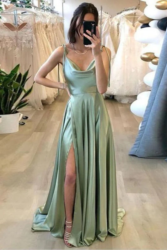 Charming A Line Cowl Neck Sage Green Silk Satin Long Prom Dresses with Slit