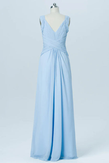 Light Blue Chiffon V-Neck Banded Waist Pleats Sleeveless Bridesmaid Dress