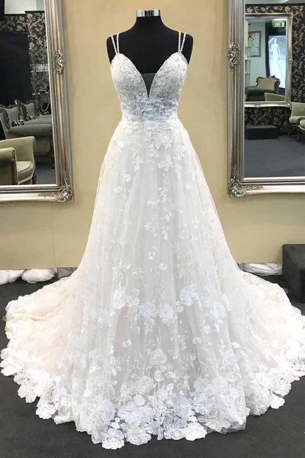 Ball Gown V Neck Spaghetti Straps Ivory Lace Long Wedding Dresses