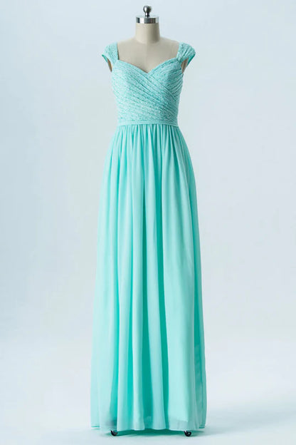 Aqua Blue Sweetheart V-Neck Cap Sleeve Pleats Bridesmaid Dress