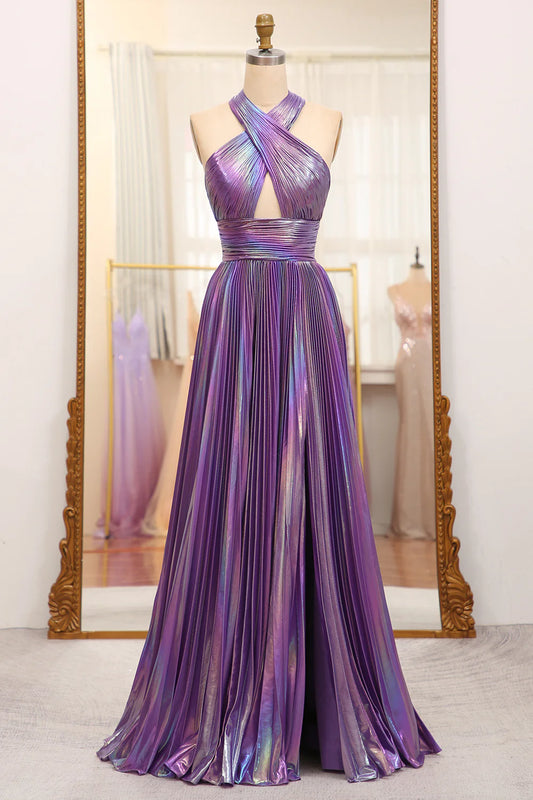 Sparkly Dark Purple A-Line Off-the-Shoulder Halter Backless Long Prom Dress With Side Slit ﻿