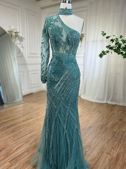 Sheath Mermaid  One shoulder  Long Sleeves Prom Dress With Bead Embroidery Appliques