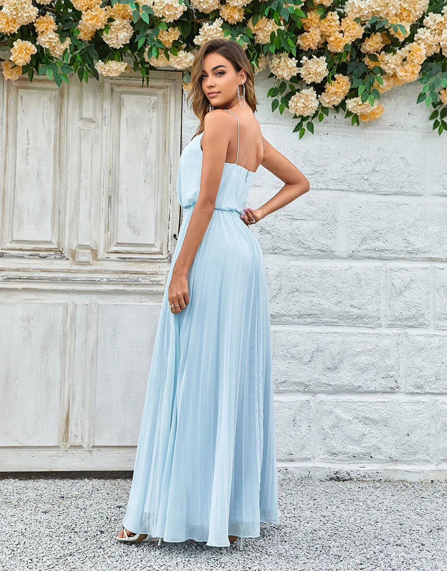 Chiffon V-Neck Spaghetti Straps Sky Blue Long Bridesmaid Dress