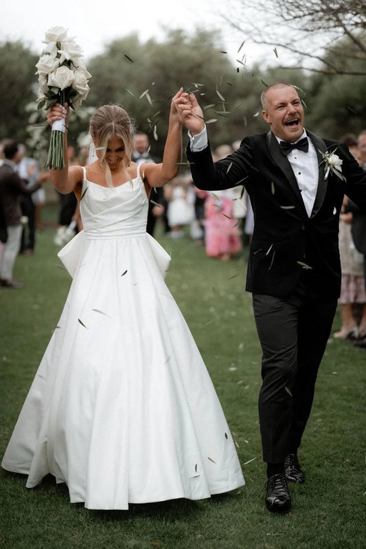 Charming A-Line Scoop Neck Spaghetti Strap Satin Wedding Dresses with Bow