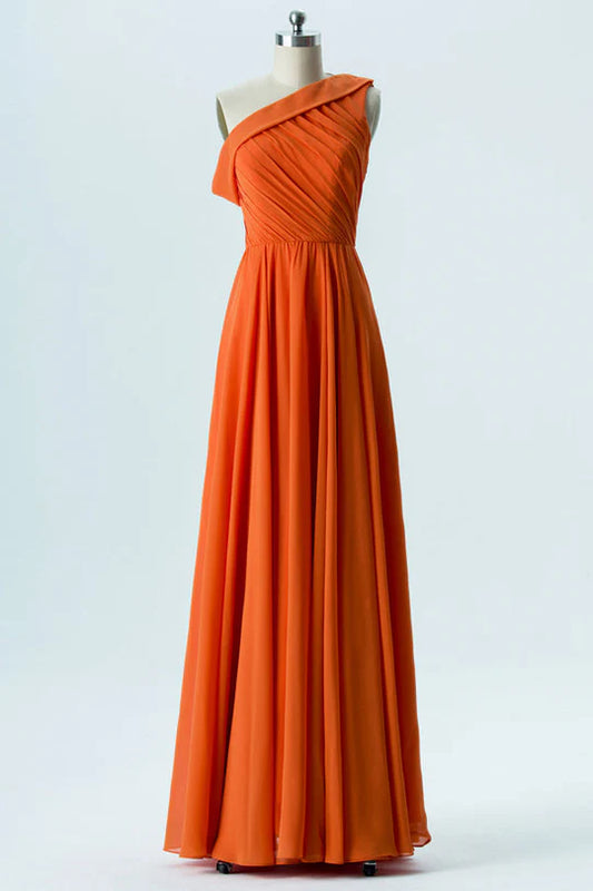 Orange Chiffon One-Shoulder Unique design Pleats Bridesmaid Dress