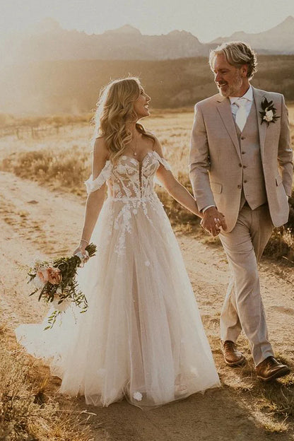 Fairy A Line Off the Shoulder Tulle Long Wedding Dresses with Appliques