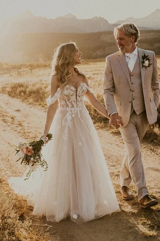 Fairy A Line Off the Shoulder Tulle Long Wedding Dresses with Appliques
