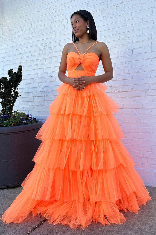Cute Ball Gown Sweetheart Orange Spaghetti Strap V-Neck Tulle Tiered Long Prom Dress