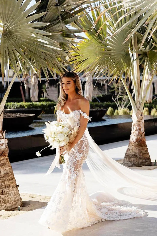 Gorgeous Mermaid V-Neck Off the Shoulder Lace Beach Mopping The Floor Wedding Dresses