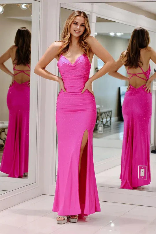 Fuchsia Cowl Neck Spaghetti Strap Satin Mermaid Backless Long Prom Dress with Beading