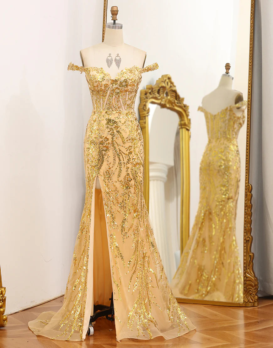 Sparkly Mermaid Off The Shoulder Golden Corset Prom Dress with Slit