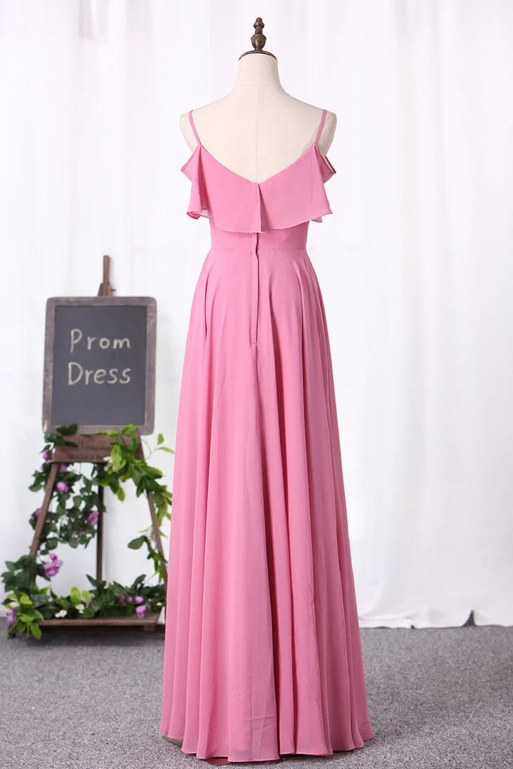 Pink Spaghetti Straps Chiffon Ruffled Sleeveless Long Bridesmaid Dress