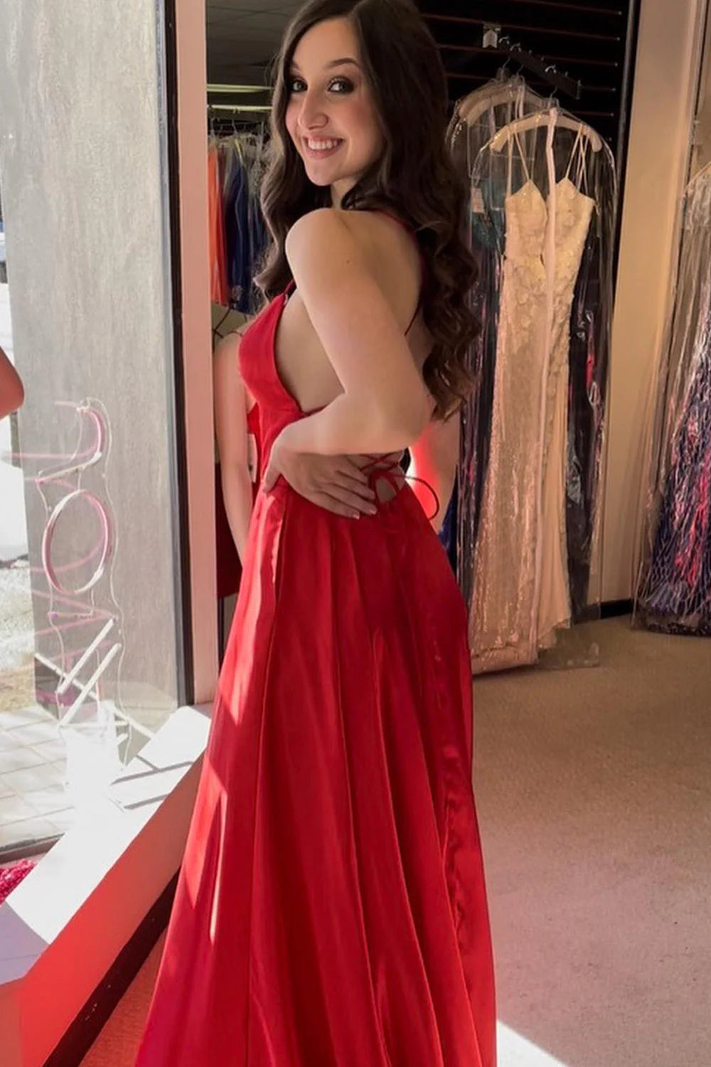 Red Square Neck Halter Lace-Up Back Backless A Line Satin Prom Dress